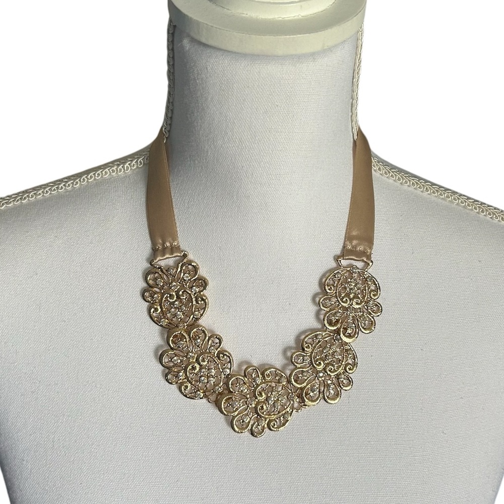 Beautiful Gold Tone Statement Necklace with Satin Ribbon Back Tie Closure